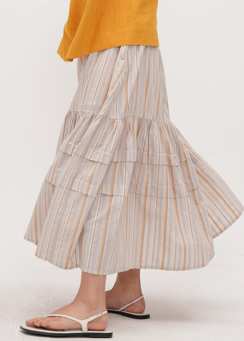 Apricot Striped Patchwork Cotton Skirt Summer