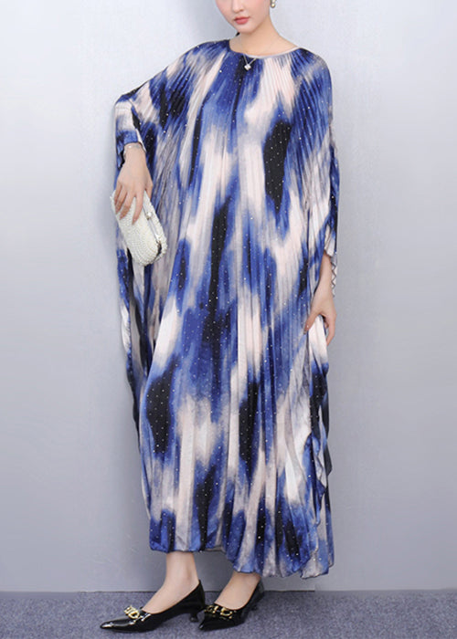 Blue Print Oversized Long Dresses Batwing Sleeve