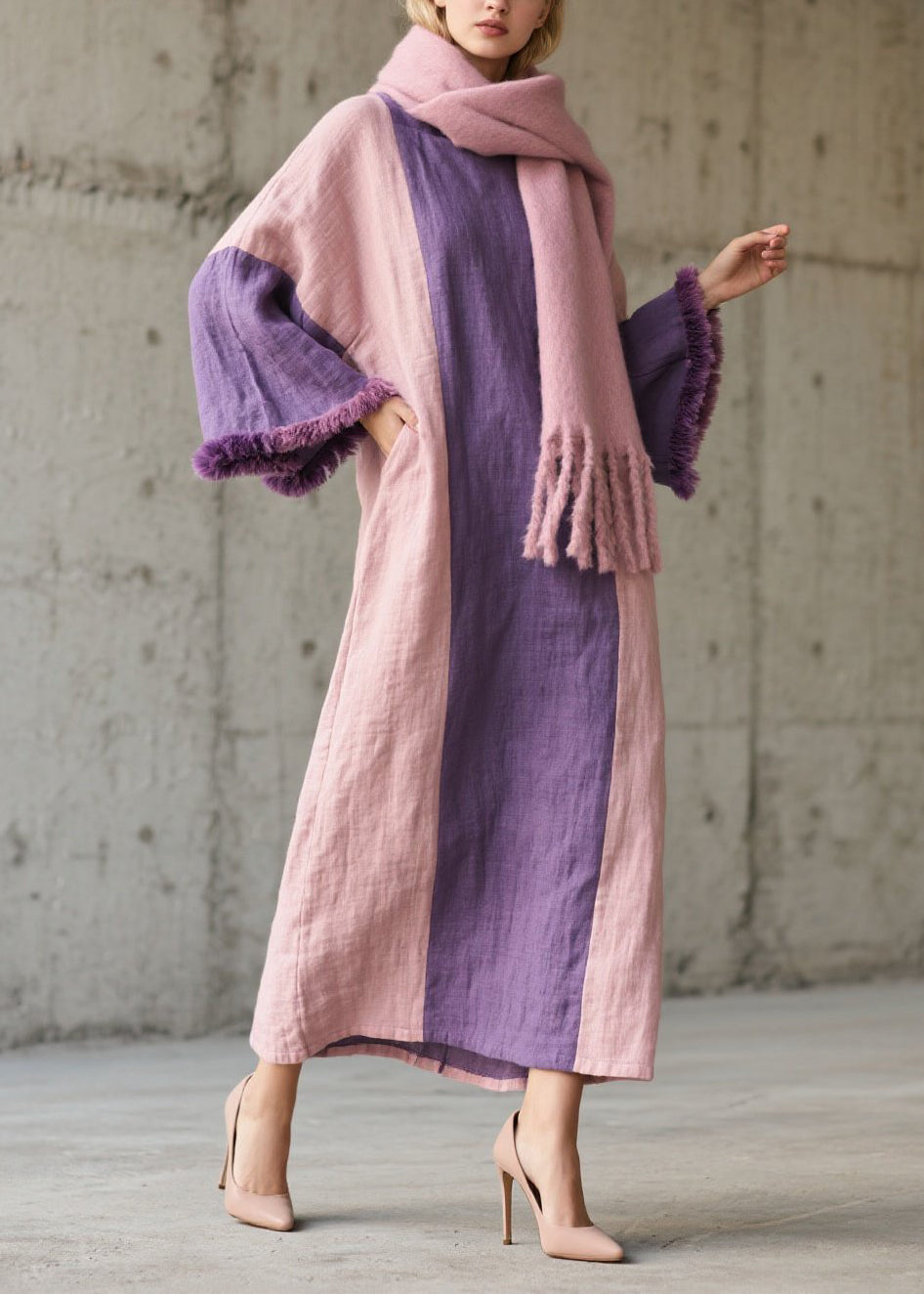 Colorblock Fuzzy Fur Patchwork Cotton Dress Fall