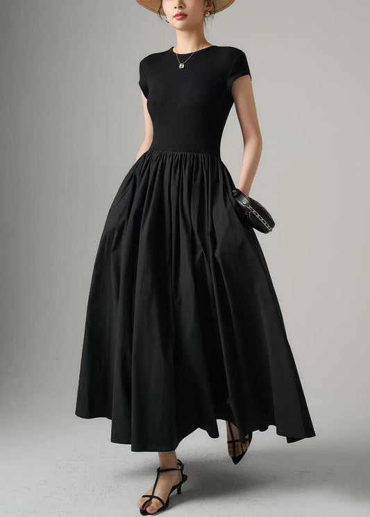 Black Pockets Knit Patchwork Cotton Long Dress Summer