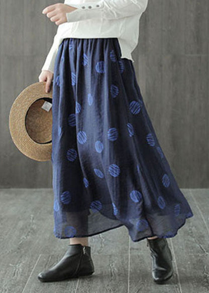 Dark Blue Elastic Waist Dot Print Linen Skirts Spring