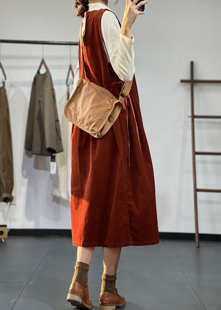 Stylish Red O-neck Exra Large Hem Corduroy Pleated Dresses Sleeveless