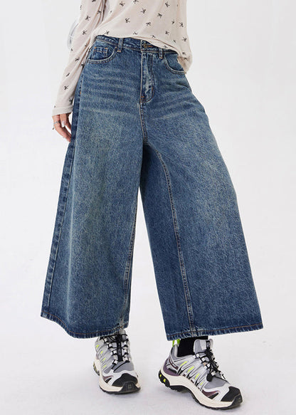 Blue Pockets Patchwork Denim Crop Pants