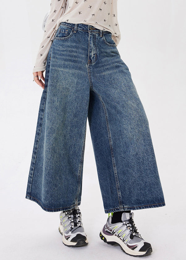 Blue Pockets Patchwork Denim Crop Pants