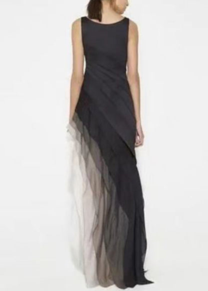 French Black High Waist Patchwork Tulle Maxi Dresses Sleeveless Summer