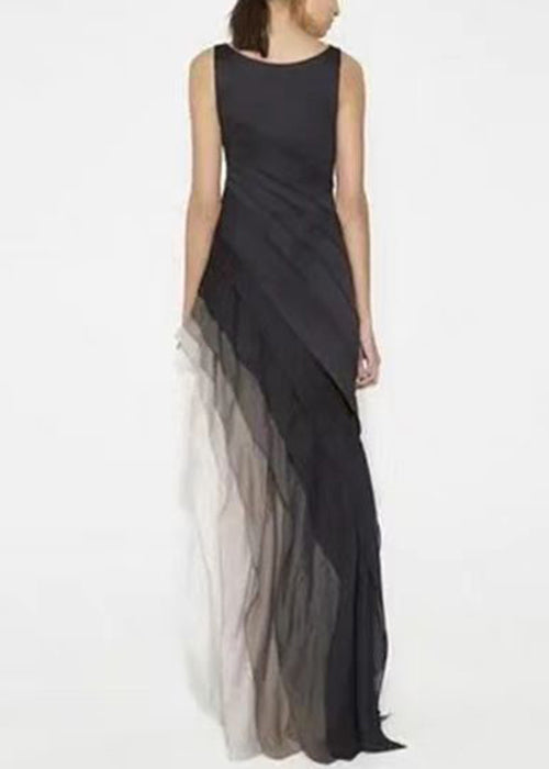 French Black High Waist Patchwork Tulle Maxi Dresses Sleeveless Summer