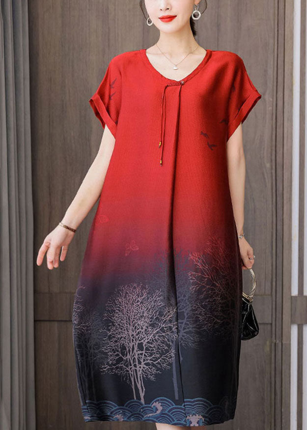 Red Gradient Color O-neck Tassel Print Silk Dresses Short Sleeve
