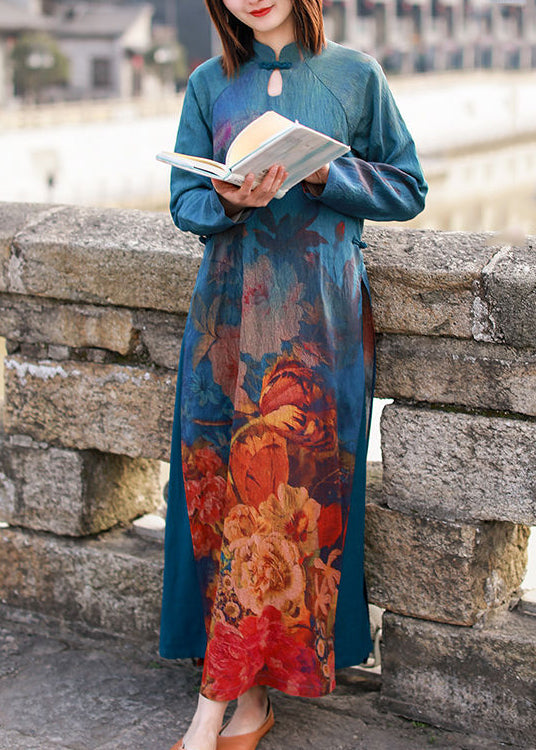 Chinese Style Mandarin Collar Side Open Print Dresses Long Sleeve