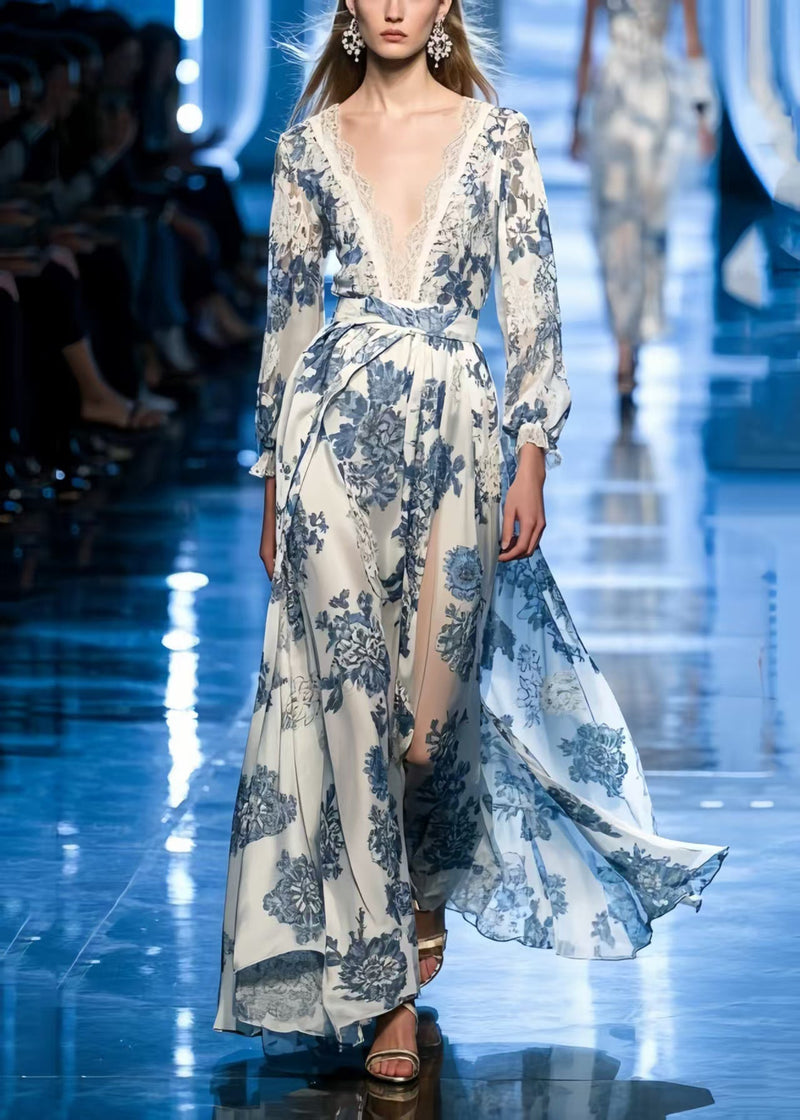 Blue Print Draping Silk Vacation Dresses Summer