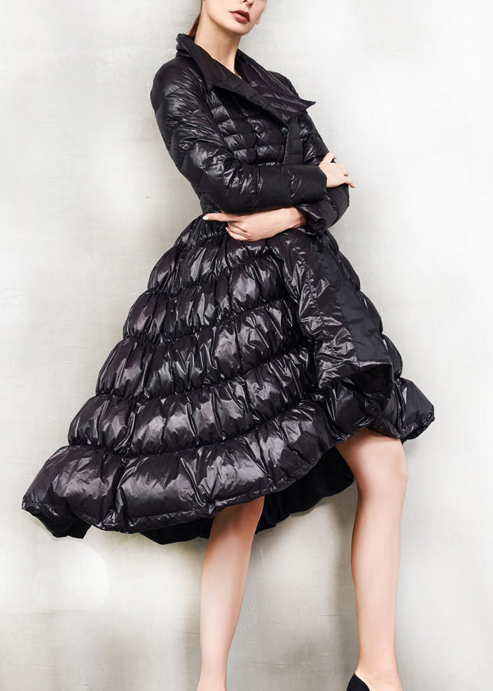 French Black Button Low High Design Cotton Blend Coat Long Sleeve