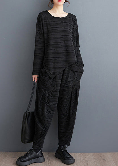 Loose Black Wrinkled Patchwork Tops and Harem Pants Cotton Two Pieces Set Fall