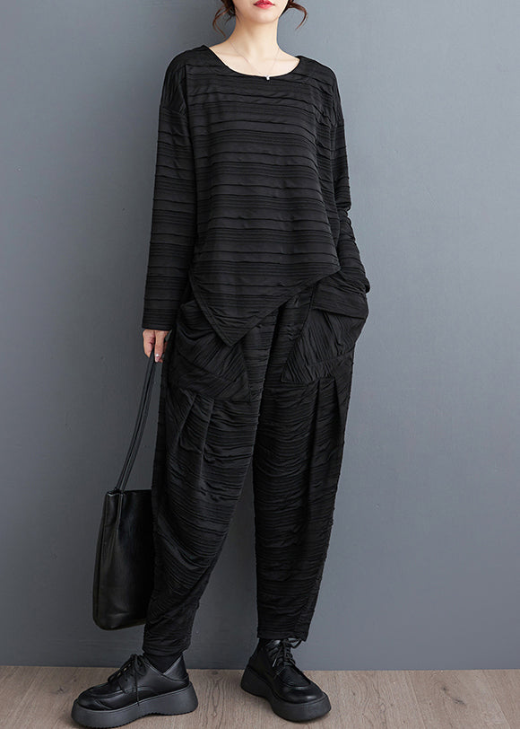 Loose Black Wrinkled Patchwork Tops and Harem Pants Cotton Two Pieces Set Fall