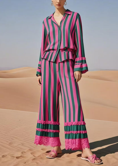 Multicolour Striped Patchwork Lace Two Piece Suit Set Spring