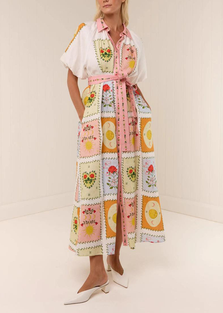 Peter Pan Collar Tie Waist Maxi Shirts Dress Short Sleeve