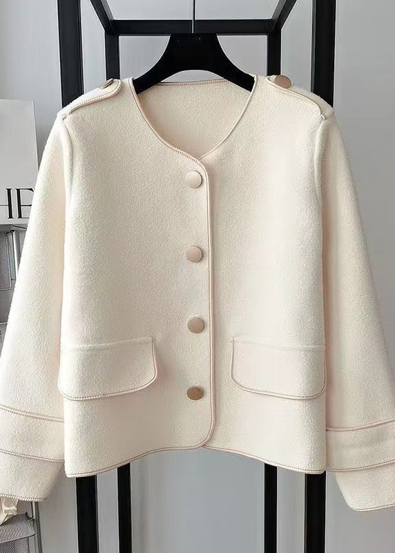 Beige O Neck Pockets Woolen Short Coat Fall