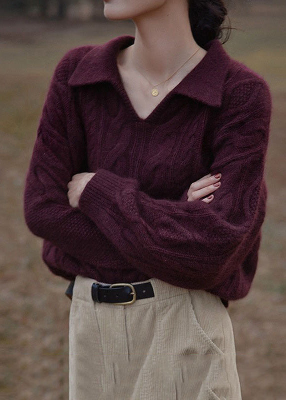 Purple V Neck Patchwork Cozy Cotton Knit Top Long Sleeve