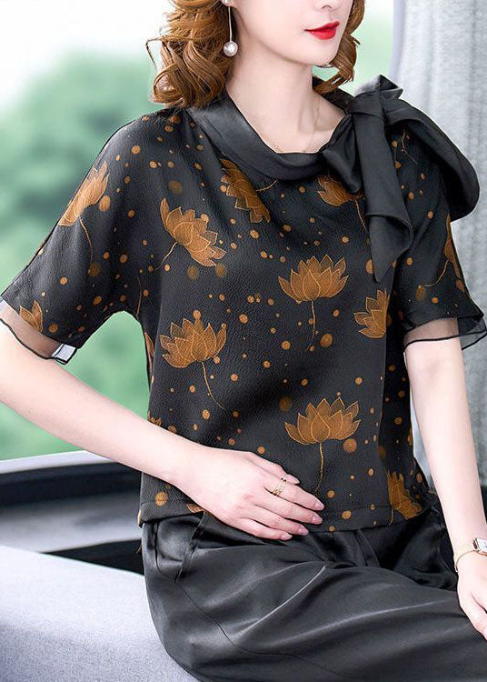Black Bow Collar Patchwork Print Silk Shirt Short Sleeve