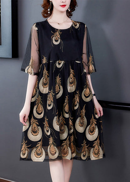 Black Embroideried Tulle Patchwork Wrinkled Chiffon Dress Half Sleeve