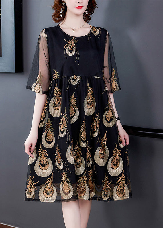 Black Embroideried Tulle Patchwork Wrinkled Chiffon Dress Half Sleeve