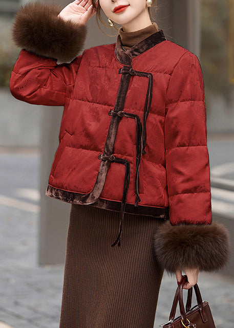 Red Mandarin Collar Patchwork Duck Down Puffer Coat Winter
