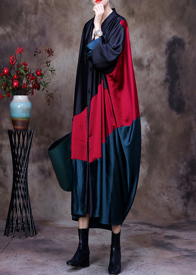 Black Red Green Patchwork Low High Design V Neck Button Trench Coat Long Sleeve