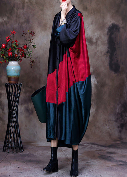 Black Red Green Patchwork Low High Design V Neck Button Trench Coat Long Sleeve