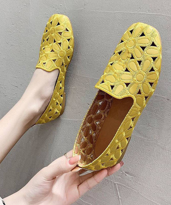 Cotton Fabric Hollow Out Embroidery Splicing Yellow Loafers for