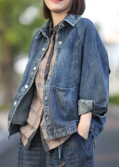 Blue Peter Pan Collar Patchwork Denim Coats Spring