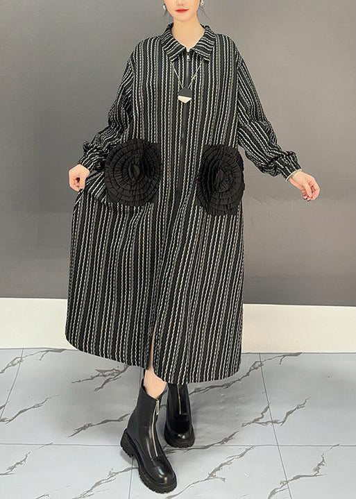Black Zippered Striped Cotton Long Dress Fall