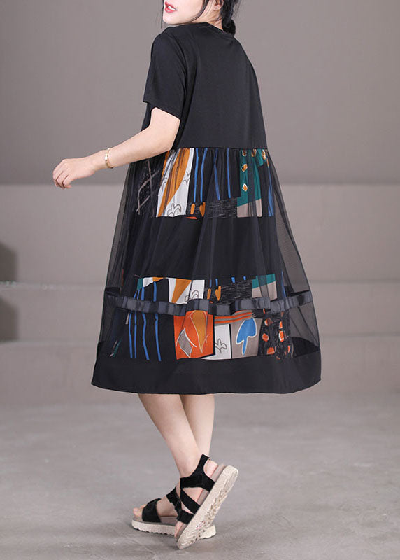 Fine Black O-neck Tulle Patchwork Print Cotton Party Dress Short Sleeve