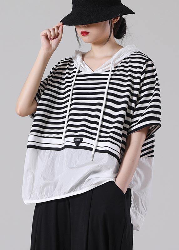 Italian Black Striped Hooded Cotton Top Summer