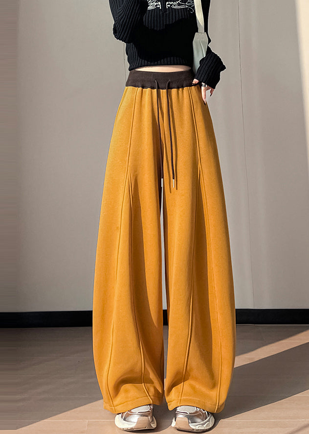 Yellow Elastic Waist Patchwork Warm Fleece Pants Winter