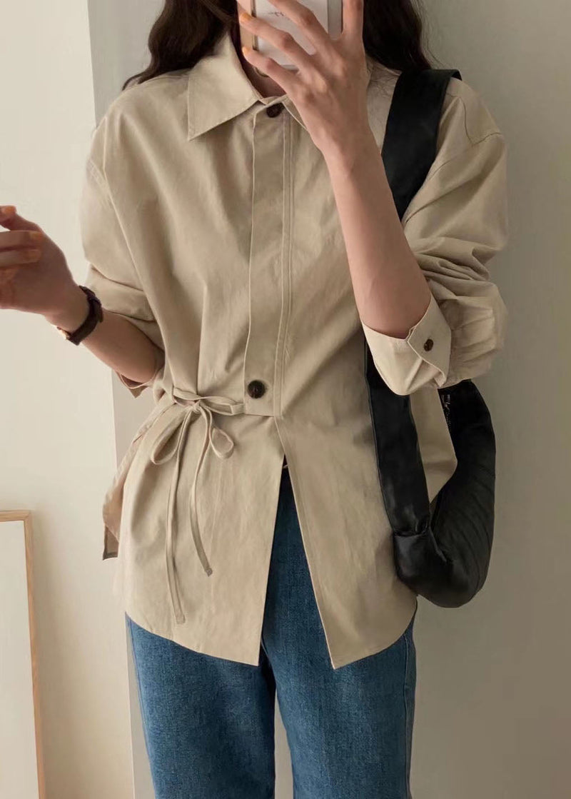 Khaki Patchwork Button Tie Waist Shirt Long Sleeve