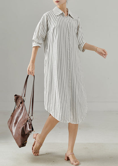 White Peter Pan Collar Striped Cotton Shirt Dresses Fall