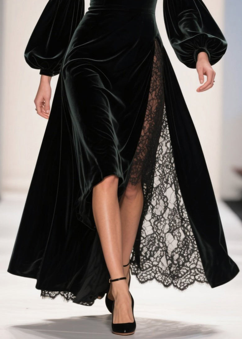 Square Collar Lace Patchwork Velvet Ankle Dress Fall