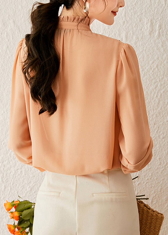 Orange Stand Collar Tops Lantern Sleeve