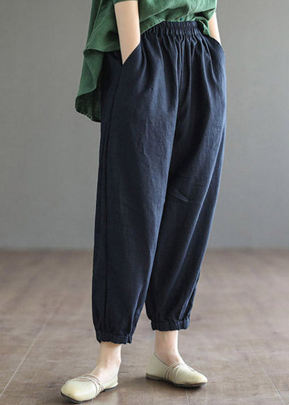 Navy Elastic Waist Harem Cotton Pants Summer