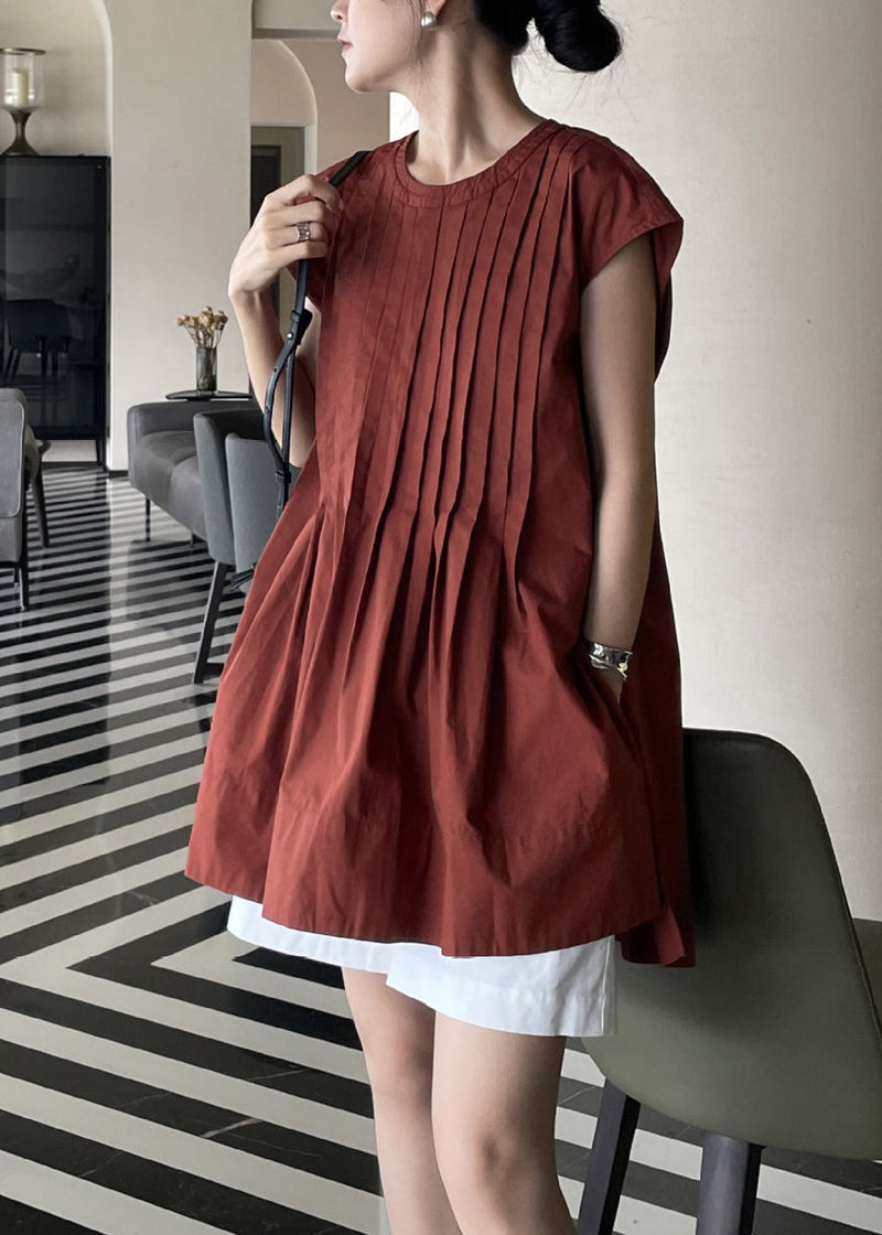 Terracotta Comfortable Fabric Pleated Shirt Sleeveless