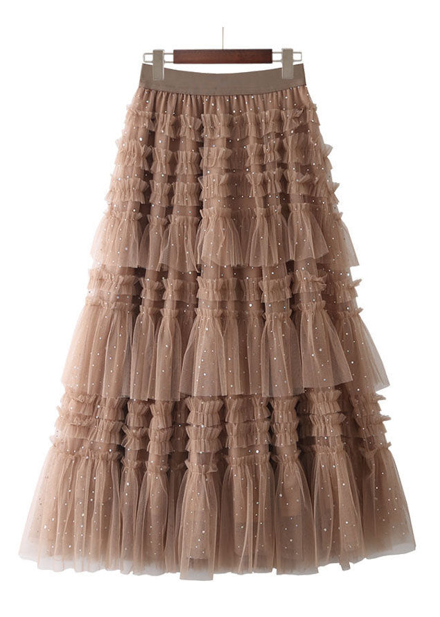 Green Elastic Waist Sequins Ruffled Tulle Skirts Spring