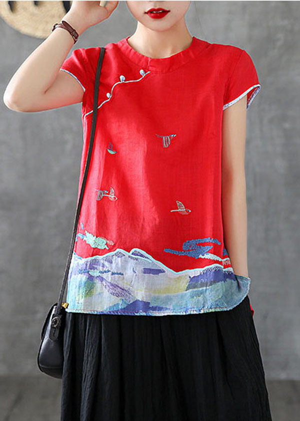 Red Embroideried Chinese Button Cotton Tank Short Sleeve