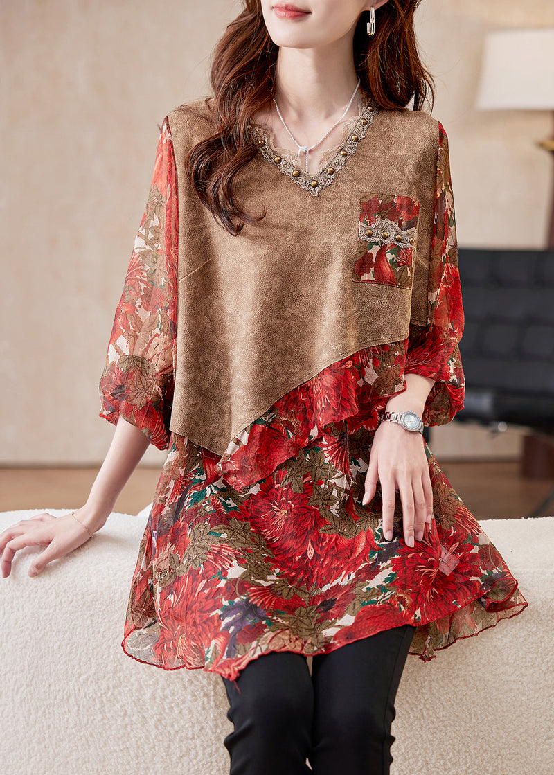 Fitted Red V Neck Print False Two Pieces Chiffon Shirts Spring
