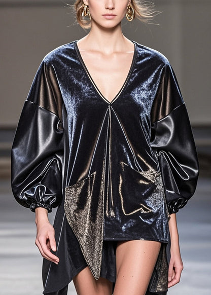 Original Design Black Asymmetrical Pu Patchwork Silk Velour Top Fall