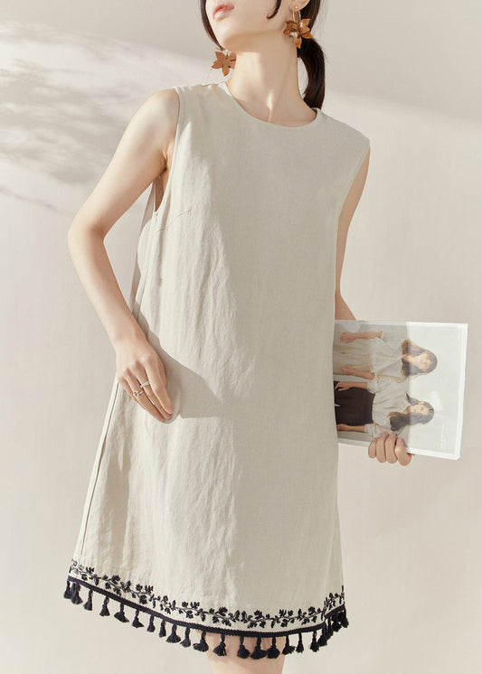 Apricot O-neck Embroidered Tassel Mid Dress Summer