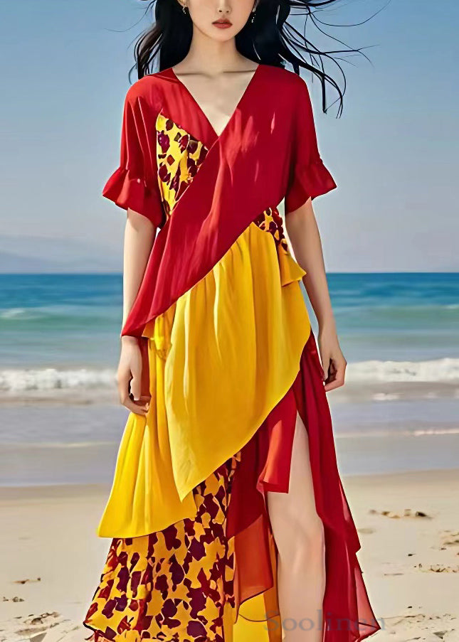 Red V Neck Print Side Open Cotton Dress Summer