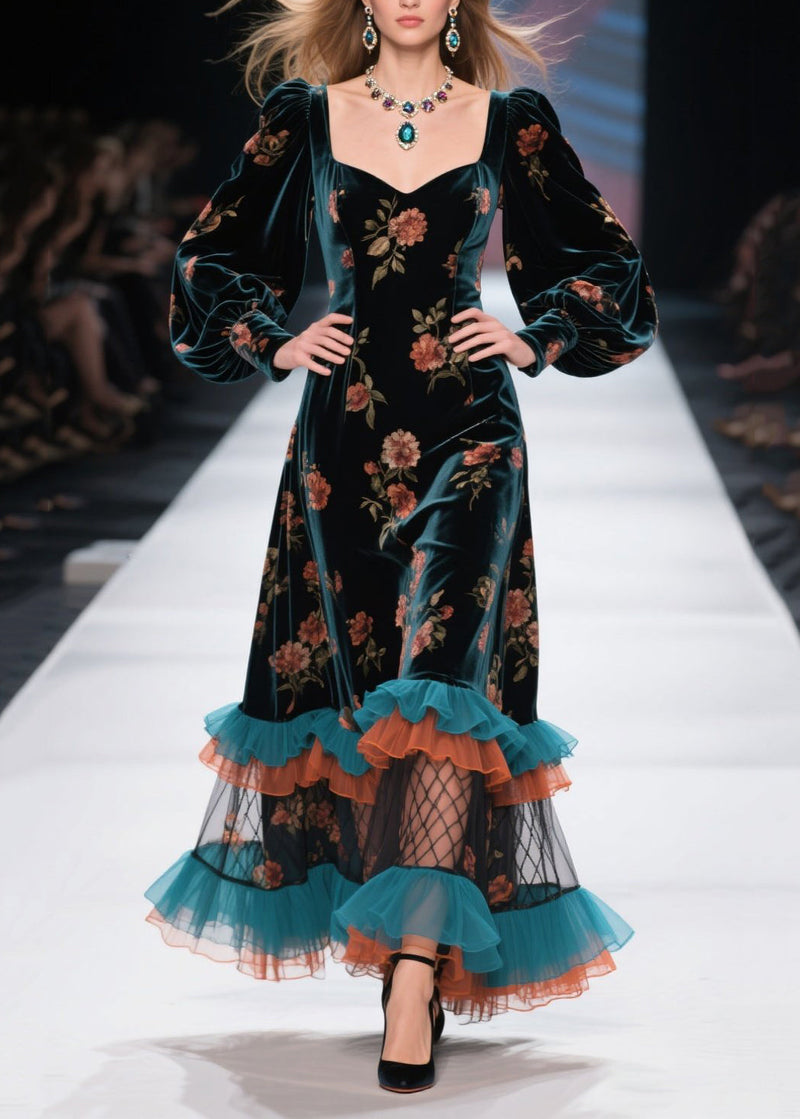 Boutique Ruffled Print Patchwork Velvet Dress Fall