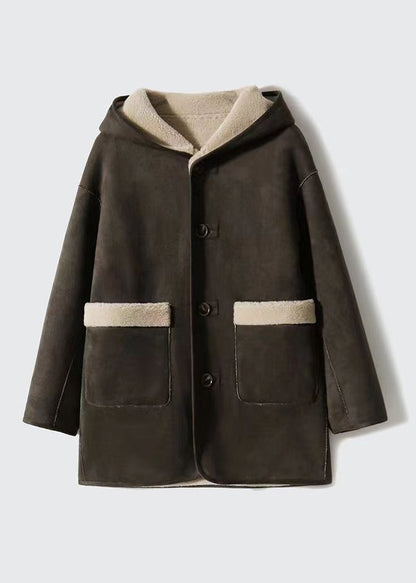 Loose Camel Hooded Pockets Patchwork Wear on Both Sides Woolen Coats Winter