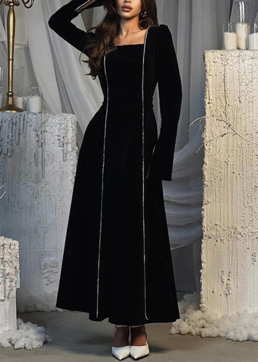 European and American Style Black Square Collar Velour Dresses Flare Sleeve