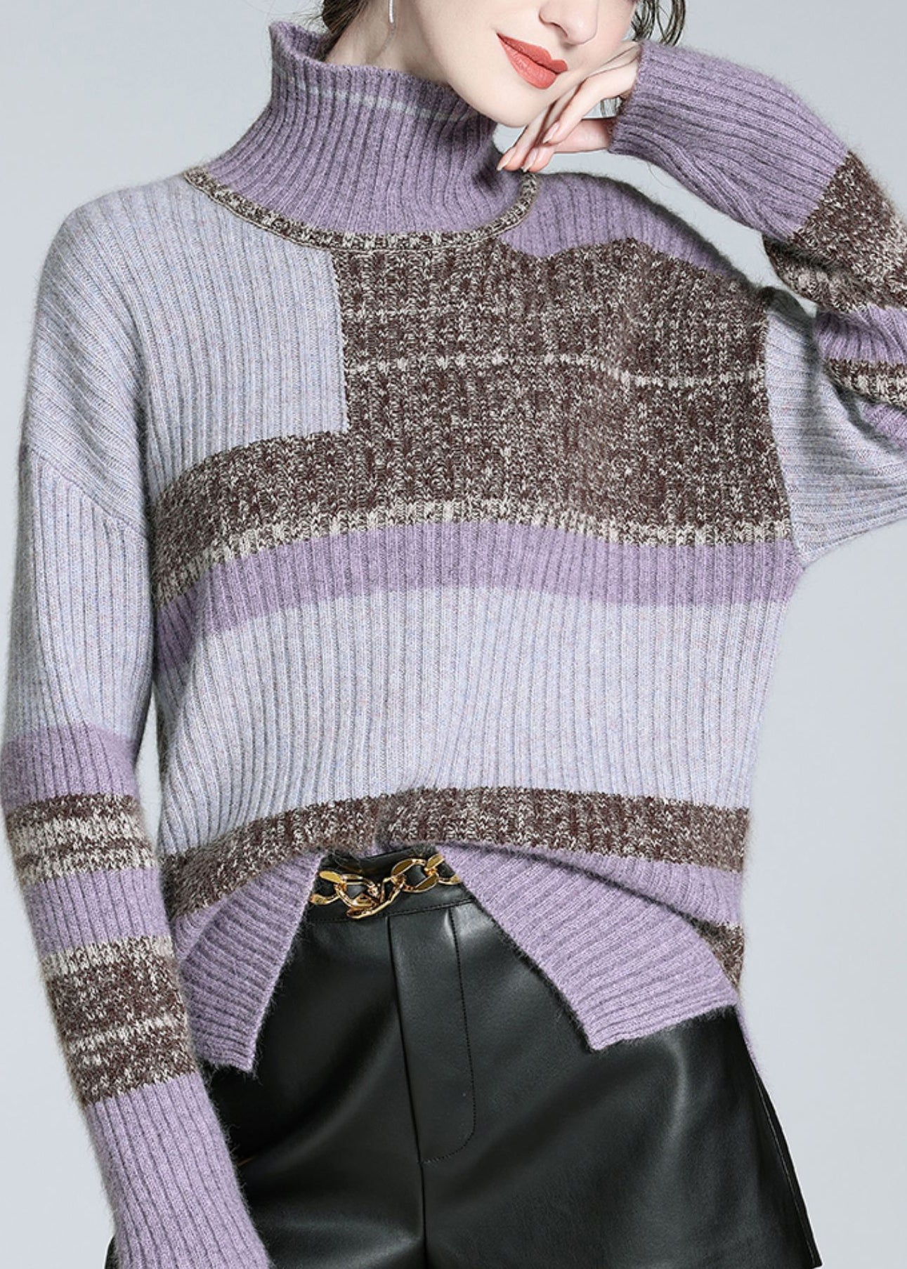 Brown Turtleneck Patchwork Cashmere Knit Sweaters Winter