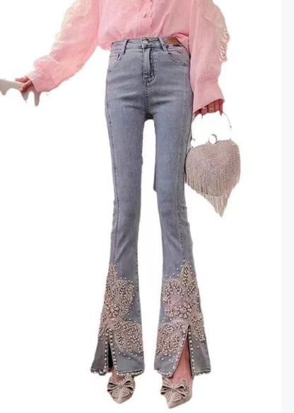 Black Pockets Nail Bead Denim Flared Trousers Spring