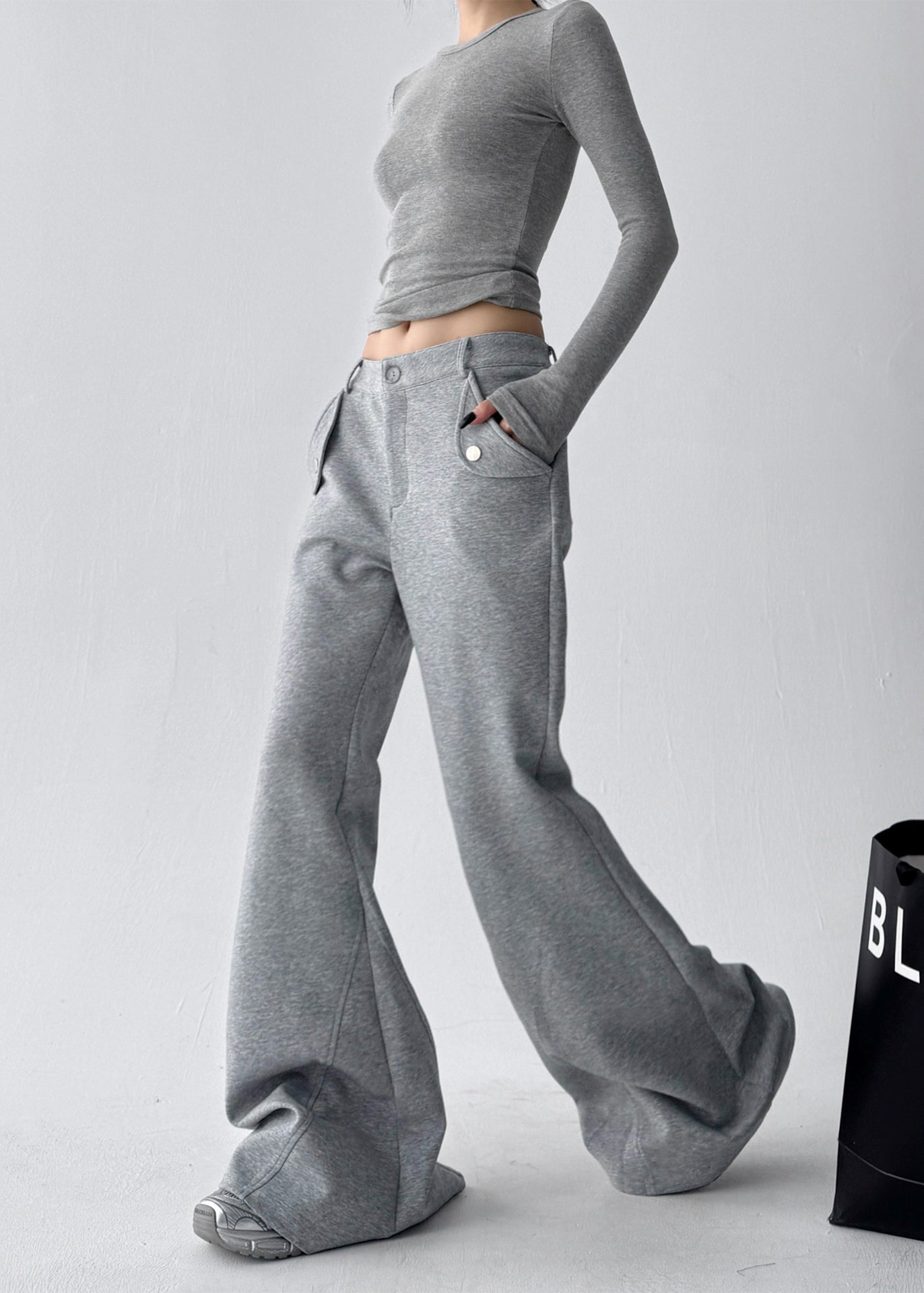 Grey Oversized Cotton Bell-bottom Trousers Fall